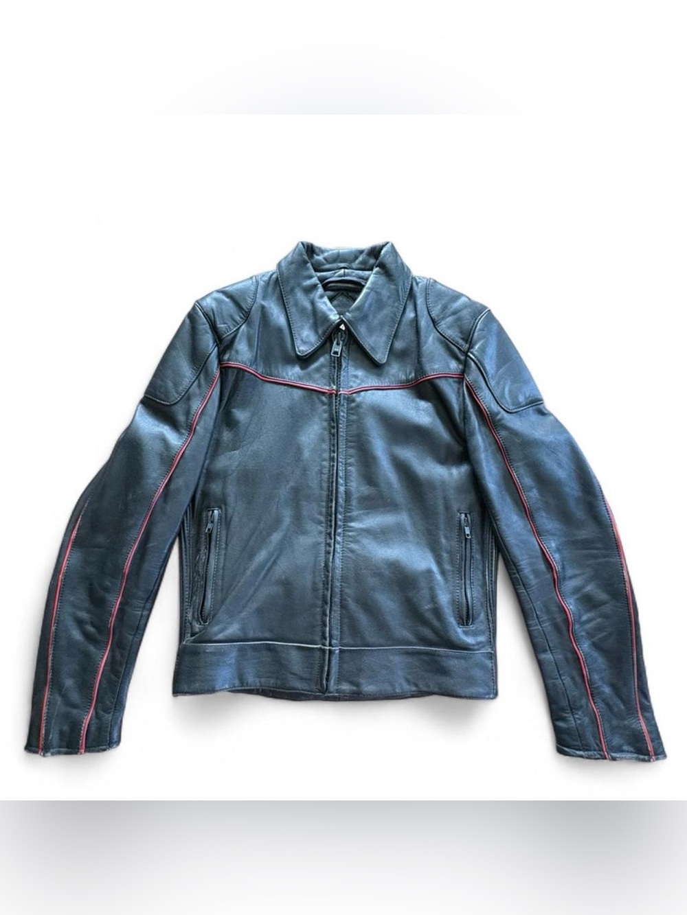 Vintage Bermans Black Leather Jacket w Red Piping Mens 38 Cafe Moto Zip Up 80’s